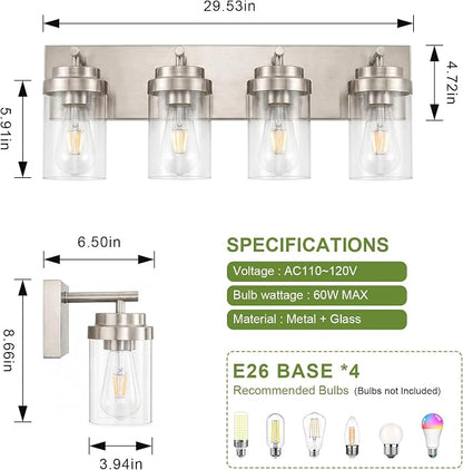 4-Light Bathroom Light Fixtures, Brushed Nickel Vanity Lights | Modern Bathroom Lighting Fixtures Over Mirror, Vanity Lights for Bathroom, Mirror, Restroom, Bedroom, E26