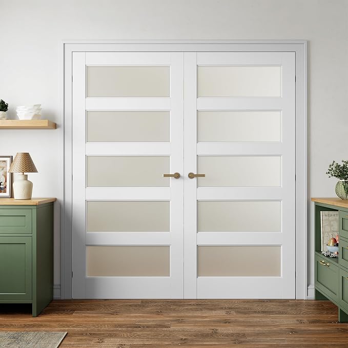 SMARTSTANDARD 72" x 80" Frosted Glass Pantry Door, Solid Core Slab Door | Need to Assembly, 5-Panel without Hardware, French Interior Door for Pantry Pocket, White Primed