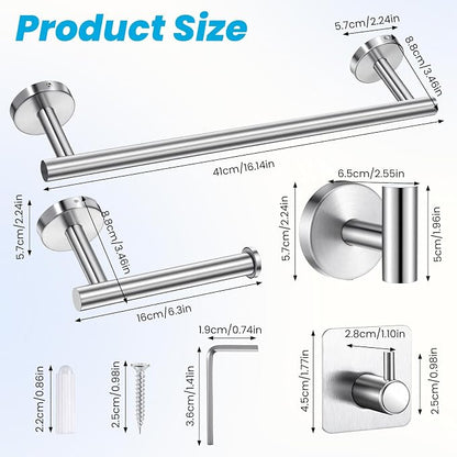 5 Piece Bathroom Accessories Set, Bathroom Hardware Set, Wall Mounted Thickened 304 Stainless Steel Towel Holder Sets, Includes 16" Towel Rod+Toilet Paper Holder+3 Multifunctional Hooks
