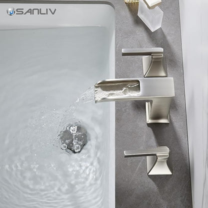 Brushed Nickel Waterfall Bathroom Faucet, Sanliv 3-Piece Wide Spread Bathroom Faucets for 3-Hole Sinks 4-8 inch, 2-Handle Vanity Faucet with Drain Assembly, Brushed Nickel