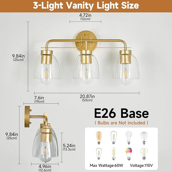 3-Light Bathroom Vanity Light Fixtures, 21 Inch Modern Industrial Golden Vanity Lights for Bathroom Light Fixtures with Bell Bubble Glass Shade Wall Sconce for Mirror, Bedroom, Hallway
