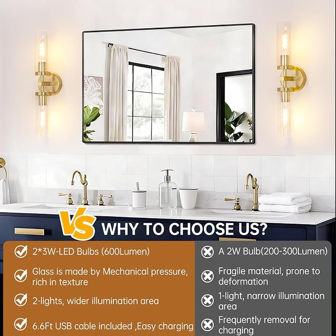 Shenmoyl Set of 2 Wall Sconces, 7800 mAh Battery Operated Wall Sconce with 3 Colors & Remote Control, Gold Rechargeable Wall Lamp with Clear Glass Shade for Bedroom, Bathroom, Living Room, Hallway