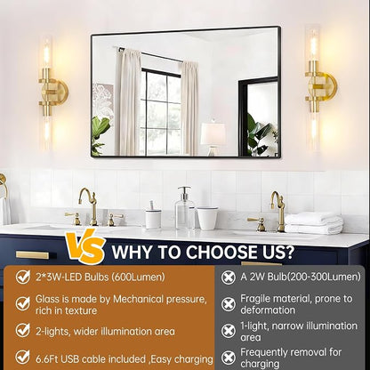 Shenmoyl Set of 2 Wall Sconces, 7800 mAh Battery Operated Wall Sconce with 3 Colors & Remote Control, Gold Rechargeable Wall Lamp with Clear Glass Shade for Bedroom, Bathroom, Living Room, Hallway