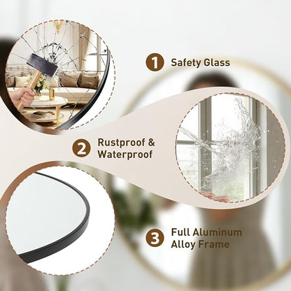NEWBULIG 30 Inch Round Wall Mirror, Bathroom Mirrors for Over Sink | Metal Framed Circle Vanity Mirror, Wall Decor for Bedroom, Entryway, Anti-Rust, Tempered Glass, Hanging or Leaning, Black