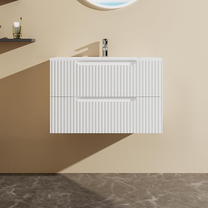 30 inch Wall Mounted Bathroom Vanity with Sink Floating Bathroom Cabinet Sink Combo, Soft-Close System, 2 Extra Big Drawers, White