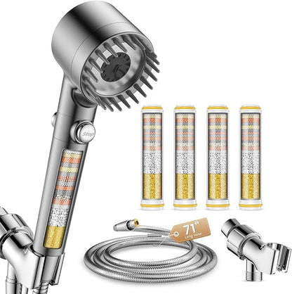 Filtered Shower Head with Handheld,4 Filters,High Pressure Shower Heads | 72" Long Hose,4 Spray,ON/OFF Switch,Built-in Power Wash Showerhead,Silicone Massage Brush,Water Softener, Remove Chlorine