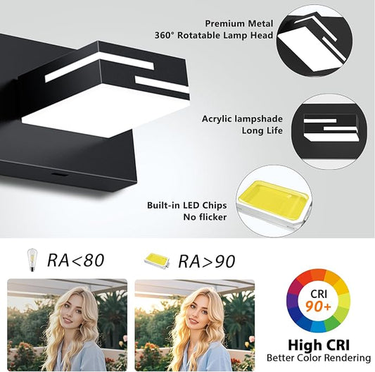 LED Modern Bathroom Vanity Light Fixtures, Dimmable Matte Black Vanity Lights for Bathroom Lighting Fixtures Over Mirror, with 360° Rotatable Acrylic Heads 3-Light 22-inch 5CCT