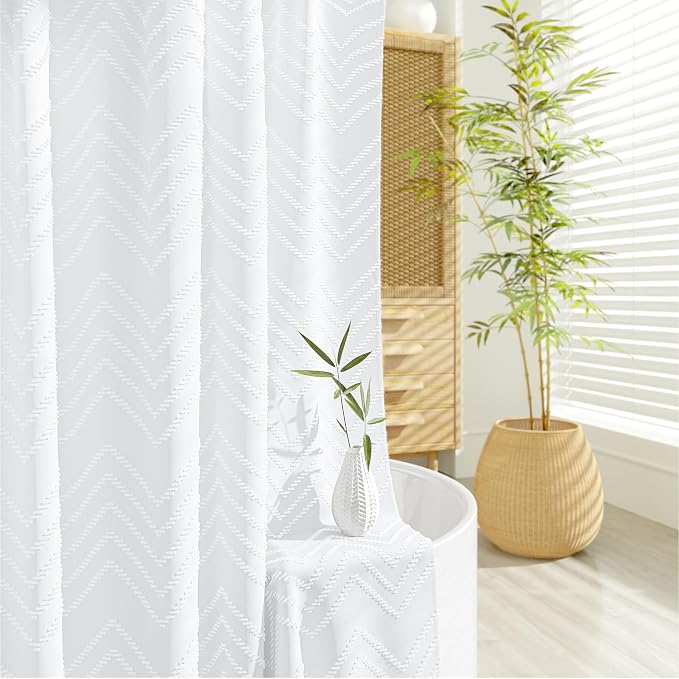 Boho Farmhouse Fabric Shower Curtain Tufted Chevron 72"x72" White | Elegant Tassel, Soft Lightweight Textured Cloth, Water Repellent, Washable, Hotel Spa, for Bathroom/Dorm/Apartment 12 Hooks