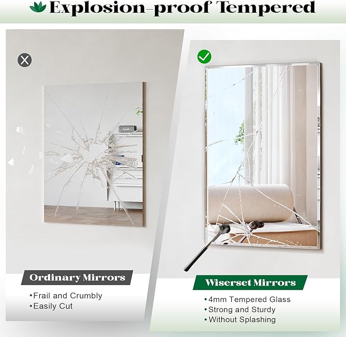 Bathroom Frameless Beveled Wall Mirror, 24"x48" Reactangle Beveled Mirror, Bathroom Wall Mirrors for Over Sink, Entryway, Bedroom, Living Room, Hangs Horizontally or Vertically