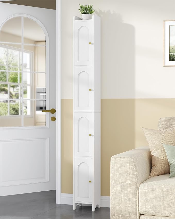 Bathroom Storage Cabinet, Tall Corner Floor Cabinet with 4 Doors and Adjustable Shelf, Narrow Toilet Paper Cabinets, Bathroom Organizer for Small Spaces, 7.9" D x 7.9" W x 70.9" H White