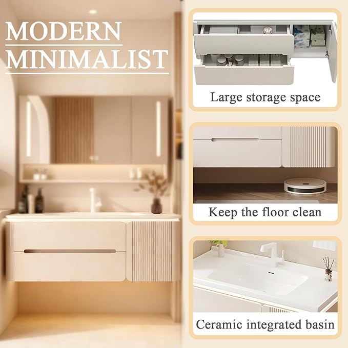 Modern wall mounted bathroom vanity, floating bathroom vanity with sink with double drawers, striped panel design, ceramic integrated basin, easy installation, suitable for small spaces (39.4in)