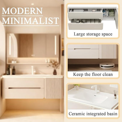 Modern wall mounted bathroom vanity, floating bathroom vanity with sink with double drawers, striped panel design, ceramic integrated basin, easy installation, suitable for small spaces (39.4in)