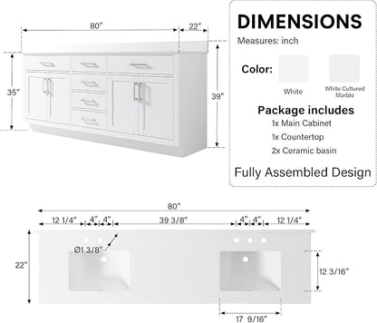 80-Inch Bathroom Vanity with Double Sinks W/ 4 Doors & 4 Drawers & 2 Flip Drawers, White Vanity W/Brushed Nickel Handles