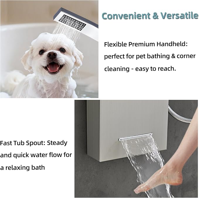 5-In-1Shower Panel Tower System-Brushed Gray | 304 stainless steel Shower Panel Column Tower With Powerful Body Jets,Body Spray,Rainfall,Waterfall,Handheld And Tub Spout