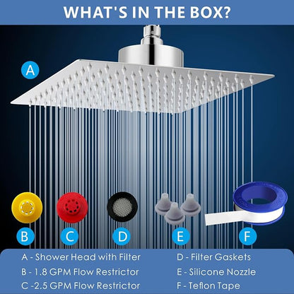 Voolan Rain Shower Head with Filtered - High Flow Bathroom Rainfall Filter Showerhead For Hard Water, Upgraded 304 Stainless Steel Construction (10"Square, Chrome)