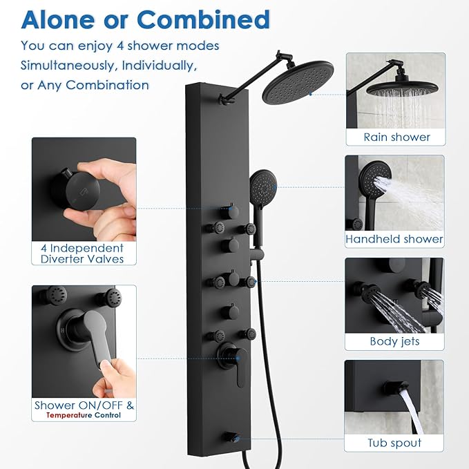 ROVOGO Shower Panel Tower System, 4-Function (Rain Shower, Handheld Sprayer, Body Jets, Tub Spout) with Simultaneous Use Option, Stainless Steel Shower Column with Adjustable Head, Black
