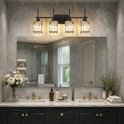 Torondo Modern Crystal Bathroom Vanity Light 4-Lights Matte Black Bathroom Light Fixtures Over Mirror Matte Black Vanity Lighting Fixtures Square Shade Brass Wall Sconce (Bulbs Not Include)