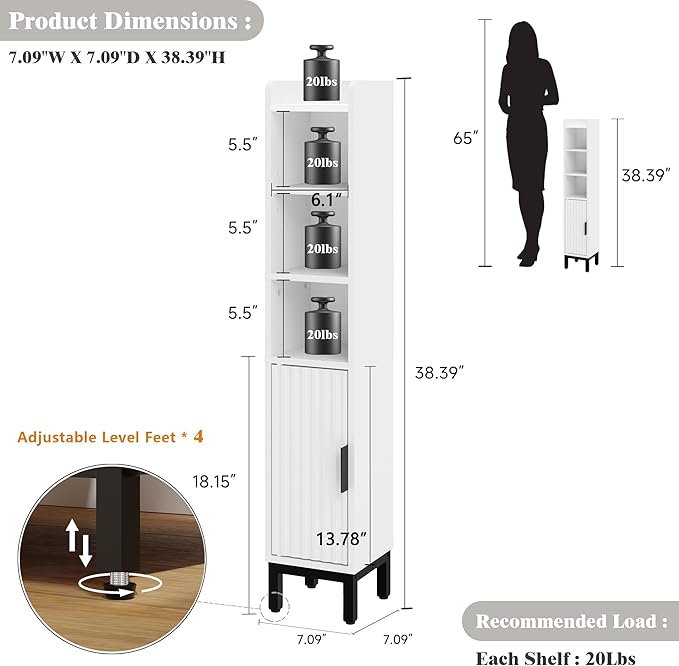 Small Bathroom Storage Cabinet, Corner Floor Cabinet with Door and Shelves, Narrow Toilet Paper Cabinet, Bathroom Organizer with Adjustable Shelf for Small Spaces, White, 5-Tier