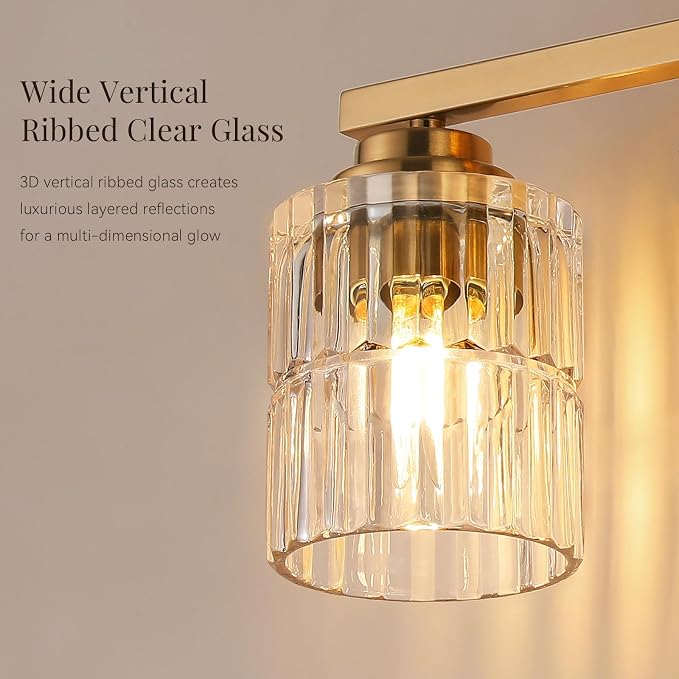 TALOYA Gold 3-Light Bathroom Vanity Light with Fluted Cylinder Glass Shade | Modern Vanity Lighting Fixtures, Bathroom Lights Over Mirror, Wall Mount Mirror Light Fixtures for Bathroom Hallway Bedroom