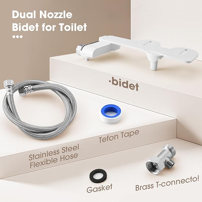 Bidet Attachment for Toilet with Phone Holder and Hook,Non-Electric Self-Cleaning Dual Retractable Nozzles,Adjustable Water Pressure for Rear and Feminine Wash