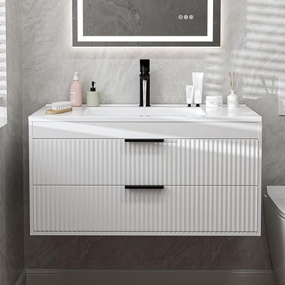 36 Inches Modern MDF Bathroom Vanity with Sink, Wall Mounted Floating Cabinets w/Double Drawers, Black Handles, White Resin Sink Combo Set (White, 36")
