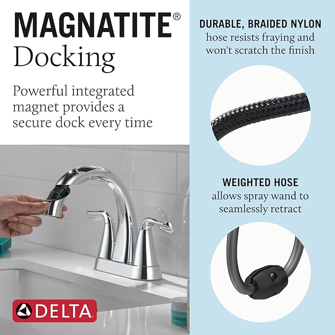 Delta Arvo Pull-Down Centerset Bathroom Faucet, Chrome Bathroom Sink Faucet, Bathroom Faucet with Pull Out Sprayer, 3-Hole Bathroom Faucet, Chrome 25840LF-PD
