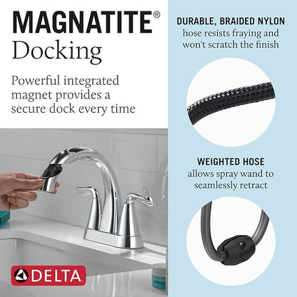 Delta Arvo Pull-Down Centerset Bathroom Faucet, Chrome Bathroom Sink Faucet, Bathroom Faucet with Pull Out Sprayer, 3-Hole Bathroom Faucet, Chrome 25840LF-PD