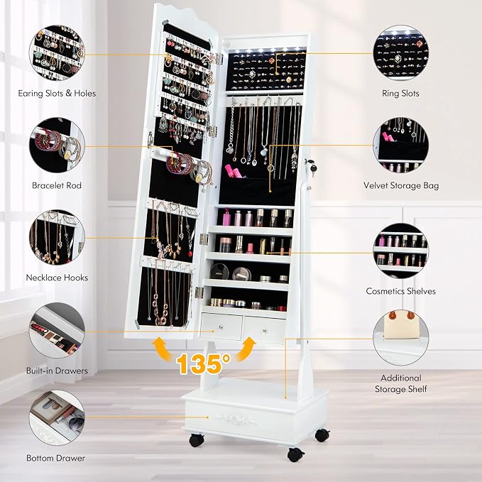 GOFLAME Jewelry Cabinet Armoire Freestanding, Lockable Jewelry Organizer with 3-position Adjustable Angle, Wheels, Full-length Mirror, Bottom Drawer, Jewelry Storage Box for Living Room Bedroom, White
