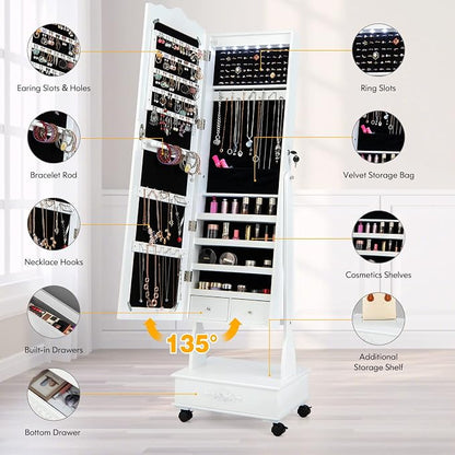 GOFLAME Jewelry Cabinet Armoire Freestanding, Lockable Jewelry Organizer with 3-position Adjustable Angle, Wheels, Full-length Mirror, Bottom Drawer, Jewelry Storage Box for Living Room Bedroom, White
