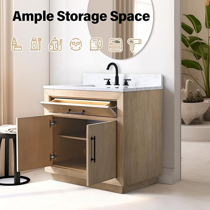 Vanity Art 36 inch Bathroom Vanity with Sink, Vanity Cabinet with Doors and Removable Shelf, Modern Wood Cabinet with White Marble Top, Solid Wood Frame, Ceramic Sink VA70-36-LW-E
