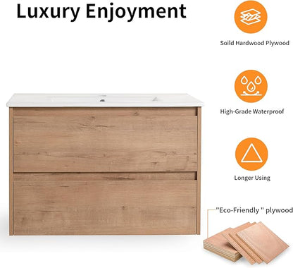 24 inch Floating Bathroom Vanity with Ceramic Sink, 24'' Wall Mounted Cabinet with 2 Soft-Closing Drawers, Space Saving for Small Bathroom, Modern Storage Cabinet, Brown Finish
