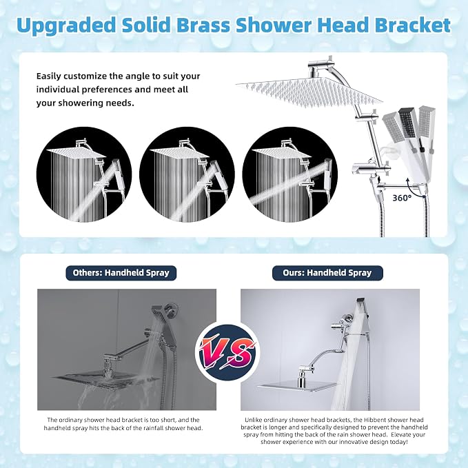 Hibbent All Metal CUPC Certified 12'' Rainfall Shower Head, Dual Shower Head Combo with 4 Handheld Sprays, High Pressure Shower Wand, 16'' Adjustable Extension Arm, 71'' Hose, Shower Holder, Chrome