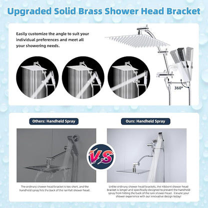 Hibbent All Metal CUPC Certified 12'' Rainfall Shower Head, Dual Shower Head Combo with 4 Handheld Sprays, High Pressure Shower Wand, 16'' Adjustable Extension Arm, 71'' Hose, Shower Holder, Chrome