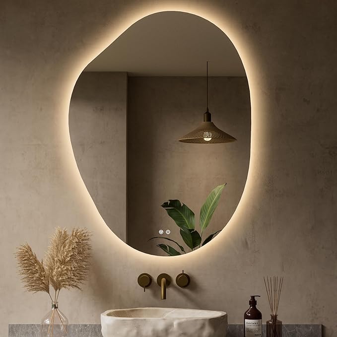 Keonjinn Asymmetrical Backlit Mirror 30x40 Inch, Irregular LED Bathroom Mirror, Lighted Bathroom Mirror with Tempered Glass, UL-Listed LED Driver, Stepless Dimmable with 3 Colors, Horizontal/Vertical