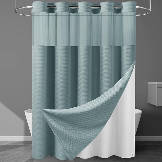 EUTXL Heavyweight Waffle No Hook Shower Curtain with Liner, Fog Blue, 71x74 | Snap in Liner, 256GSM, Thick, Hotel Luxury Spa, Waterproof Fabric, Corner Magnets, 3 in 1 Set, Washable, Hang in Seconds