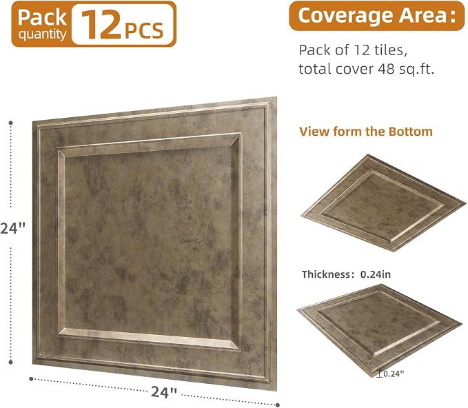 WOWSTAR 12-Pack 24"x24" Drop Ceiling Tiles, Waterproof Glue up Ceiling Panels, Modern Style 3D Wall Panels, Antique Gold | PVC ceiling panels, 24"x24", waterproof, glue-up install, basement kitchen bathroom, 12-pack, set C