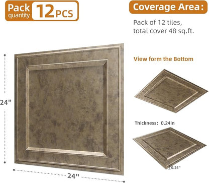 WOWSTAR 12-Pack 24"x24" Drop Ceiling Tiles, Waterproof Glue up Ceiling Panels, Modern Style 3D Wall Panels, Antique Gold | PVC ceiling panels, 24"x24", waterproof, glue-up install, basement kitchen bathroom, 12-pack, set C