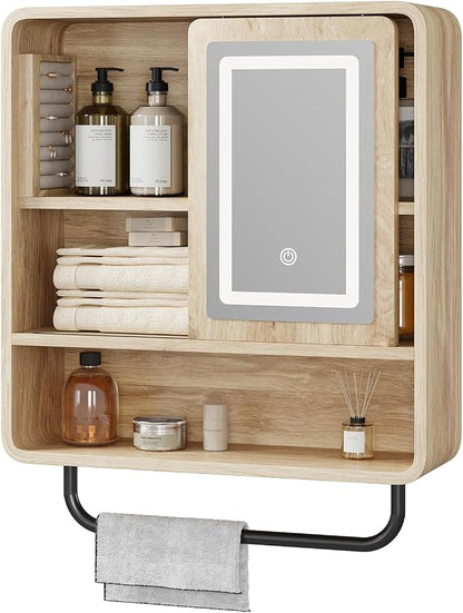 Modern Bathroom Wall Cabinet, Medicine Cabinets with Mirror, Over The Toilet Storage Cabinet for Bathroom, Towel Bar, Sliding Door, 3 Lighting Modes, Adjustable Brightness, Natural Oak