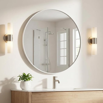 HARRITPURE 24 Inch Round Mirror White Circle Bathroom Mirror | Modern Aluminum Alloy Frame Wall Mounted Vanity Mirror for Living Room, Bedroom, Entryway