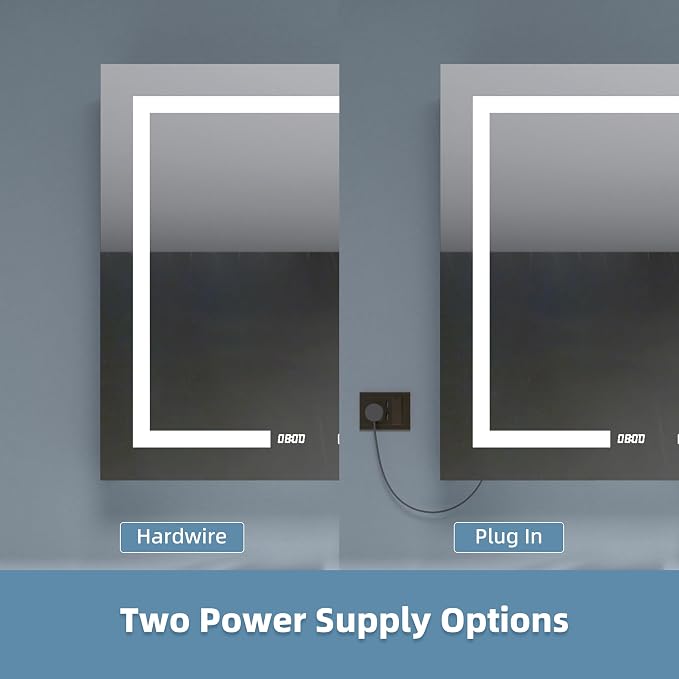 Medicine Cabinet with Lights 36x30 Anti-Fog Mirror Dimmable | 3 Color Dimmable LED. Time/Temp Display. Anti-Fog IP44. 2 Outlets+2 USB. Plug-in/Hardwired. Recessed/Surface Mount.