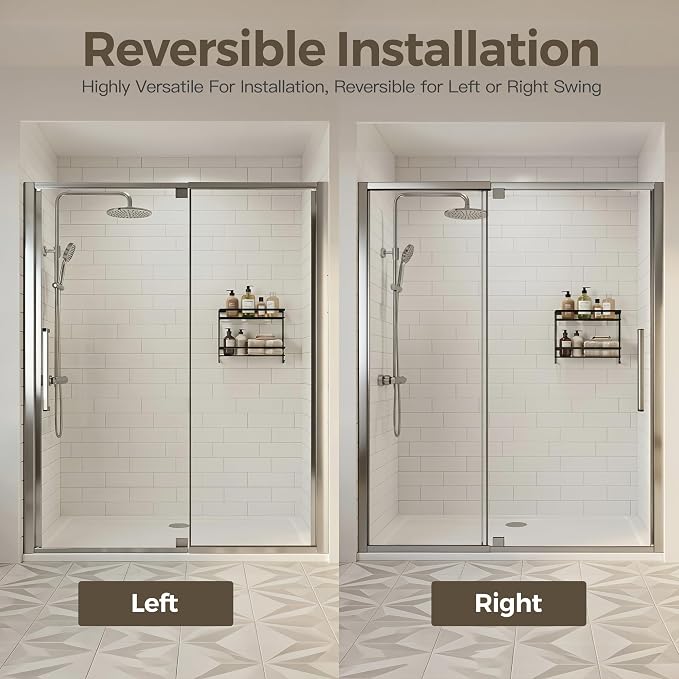56-60" W x 72" H Semi-Frameless Pivot Swing Shower Doors, Chrome Finish | 1/4" (6mm) Clear SGCC Tempered Glass with a 24.8" walk-in opening, Reversible Installation, Magnetic Closing