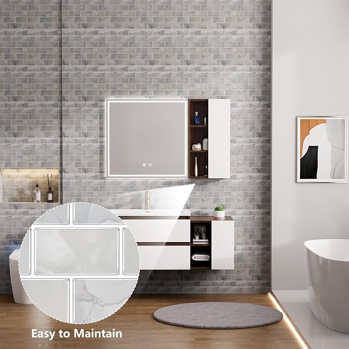 Peel and Stick Subway Tile 10-Sheet Kitchen Wall Backsplash White Blue Marble Tile Heat Resistant Self-Adhesive 12''x12'' Waterproof Glossy Wall Panel Vinyl for Bathroom Living Room Renter