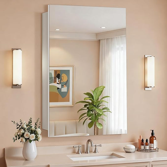 Antok 16x25 Inch Medicine Cabinet with Mirror, Wall Mounted Bathroom Mirror Cabinet, Wooden Medicine Cabinet Mirror, Recessed or Surface, White