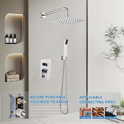 Shower Faucet Set With 8" Shower Head And Handheld Chrome | Wall Mounted Shower System Valve Include 2 Function