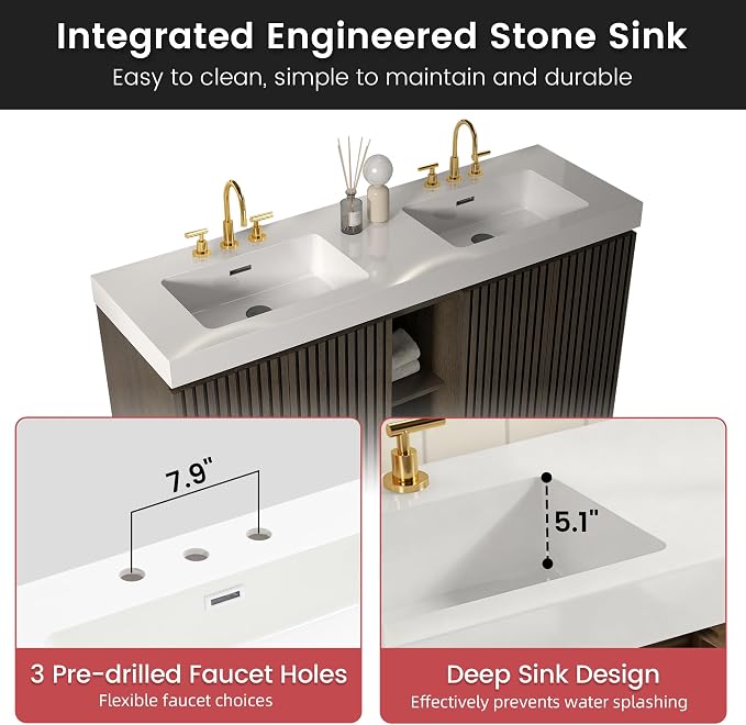 60 Inch Bathroom Vanity with Double Sink, Freestanding Double Sink Bathroom Vanity with White Engineered Stone Top, Open Storage Cabinet & Adjustable Shelf, Smoked Oak Brown (3 Holes)