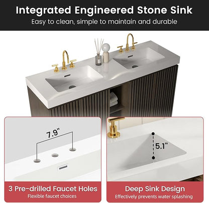 60 Inch Bathroom Vanity with Double Sink, Freestanding Double Sink Bathroom Vanity with White Engineered Stone Top, Open Storage Cabinet & Adjustable Shelf, Smoked Oak Brown (3 Holes)