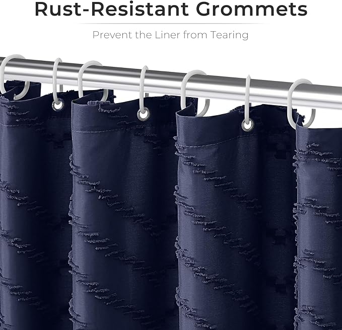 Navy Blue Fabric Shower Curtain Boho Tufted Chevron Striped Textured Cloth Curtains for Bathroom Farmhouse Shabby Chic Waterproof Set with Hook, Wrinkle Free