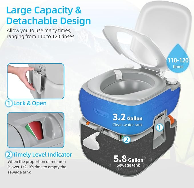 YITAHOME Portable Toilet Camping Porta Potty 5.8 Gallon with Carry Bag | Leak-Proof Indoor Outdoor Toilet with Level Indicator, Handle Pump, for RV Travel, Boat and Trips