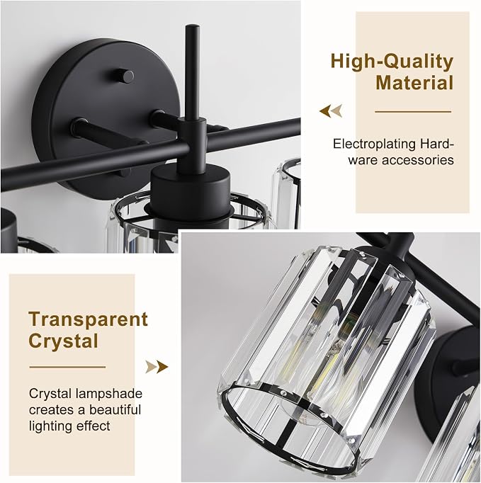 EJIAXIN 3 Light Black Crystal Vanity Light, Modern Bathroom Vanity Light Over Mirror, Up and Down Mount Wall Sconce Lighting for Bathroom Bedroom Living Room Hallway