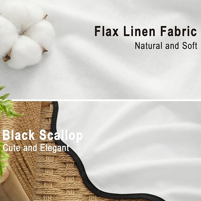 Scalloped Shower Curtain Linen Boho White 72" W x 84" L | Linen Fabric, Black Border, Washable, Heavy Duty Cloth, Shower Curtain for Boho Farmhouse Bathroom Bathtub